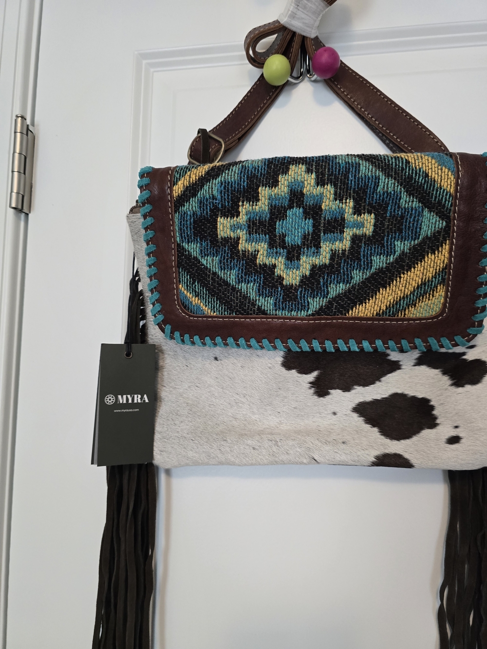Myra Bag Turquoise, Brown & Cream Aztec Fringe Crossbody - Picture 2 of 5